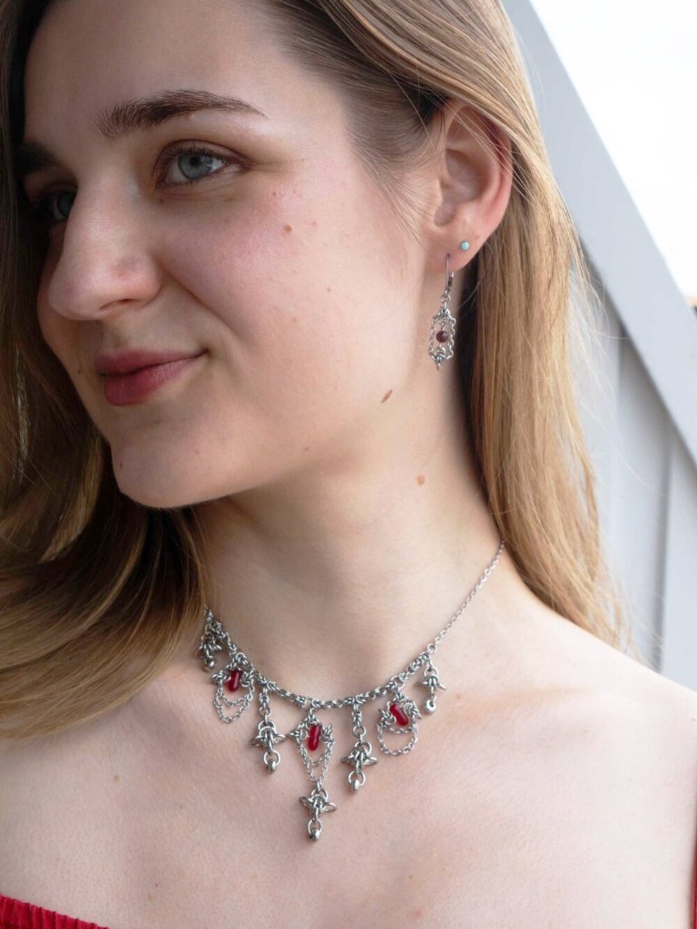 Gothic victorian style silver and red chandelier statement necklace
